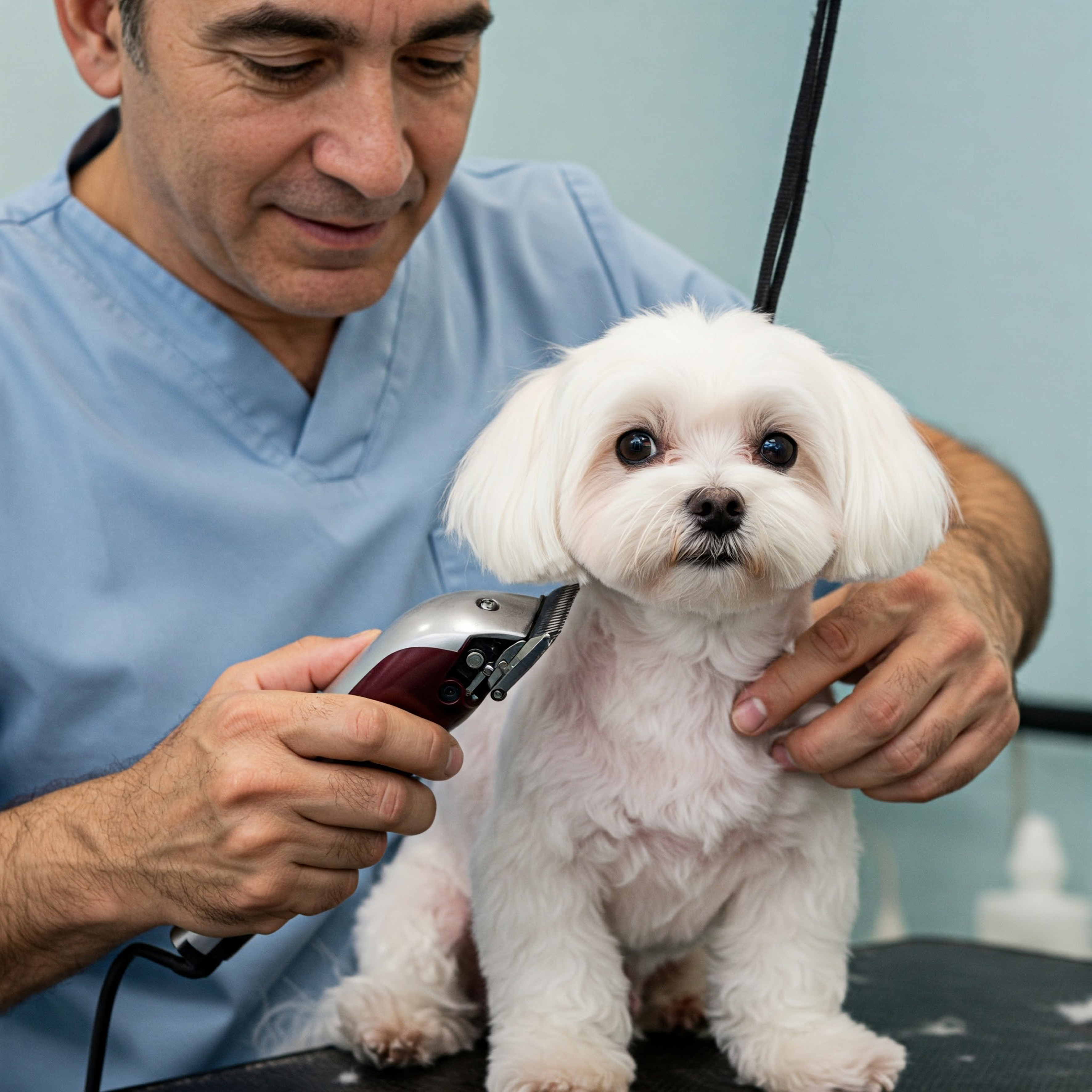 Cão em consulta dermatológica — sarna