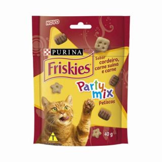 Petisco Friskies Party Mix Cordeiro, Carne Suína e Carne para Gatos Adultos