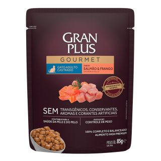 Ração Úmida GranPlus Gourmet Sachê para Gatos Castrados Sabor Salmão e Frango - 85g
