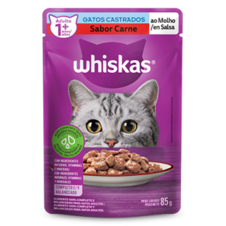 Ração Úmida para Gatos Adultos Castrados WHISKAS® Sachê Carne ao Molho