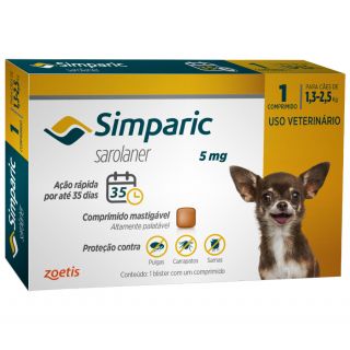 Antipulgas Simparic 5 mg para cães 1,3 a 2,5 kg
