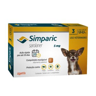 Antipulgas Simparic Zoetis 5 mg para cães 1,3 a 2,5 kg - 3 Comp